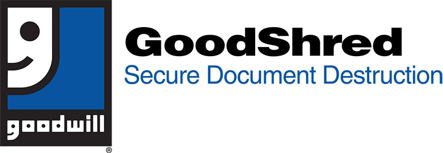 A logo for Goodwill of the Great Plains' GoodShred service, featuring the Goodwill Smiling G logo in a blue background with the word "goodwill" below. To the right of that are the words "GoodShred" and "Secure Document Destruction."